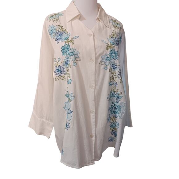 NEW Floral Embroidered Blouse Top Shirt Cotton Linen Plus 1X Off-White Blue Boho - Picture 5 of 11